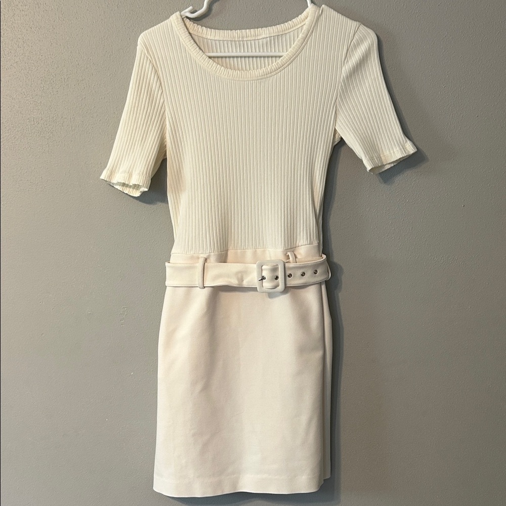 Cream Ribbed Short Sleeve Dress with Belt